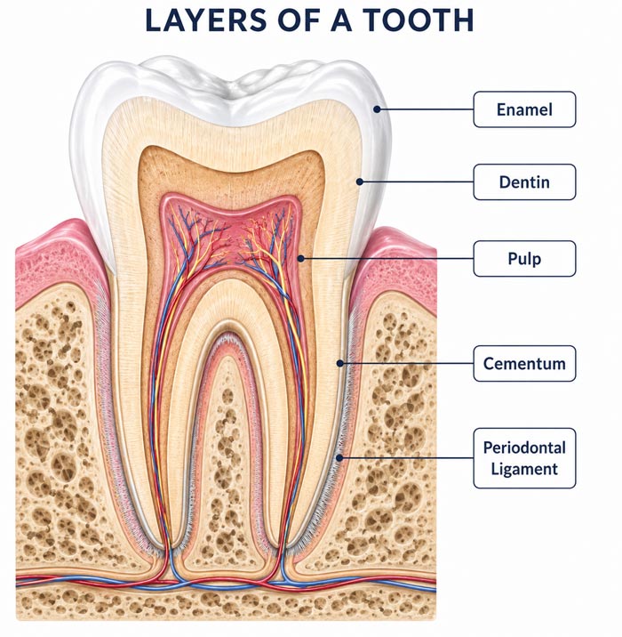 Diagram showing layers and structure of tooth.