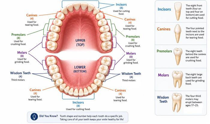 Diagram labeling types and functions of teeth.